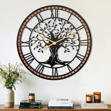 Imagem de Axioglo Relógio de parede, relógio de parede grande de 50 cm para decoração de sala de estar, árvore da vida e design de moldura de madeira, sem tique-taque, operado por bateria, para sala de jantar