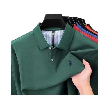 Imagem de Camisa Polo Masculina De Manga Longa 100% Algodão Puro, Marca De Desig