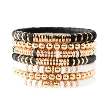 Imagem de GOOJIDS Pulseiras femininas de surfer Heishi com contas de argila boêmia empilháveis com contas douradas elásticas em camadas conjunto de pulseiras da amizade joias boho, Medium, Argila de polímero