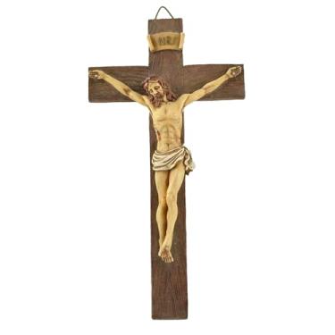 Imagem de Cruz de parede feita à mão com crucifixo de Jesus - decoração religiosa vintage de 24 cm, tapeçaria de parede para casa cristã católica, estátua de resina de Jesus para sala de oração, presente ideal