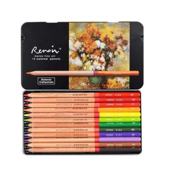 Imagem de YYMIYU Conjunto de lápis de cor à base de óleo Marco Renior com tema de planta de 12 cores, esboço, pintura, arte, pintura/livro de colorir para adultos, caixa de lata de metal