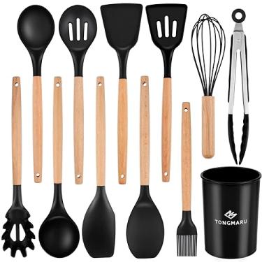 Imagem de TONGMARU Conjunto de 12 utensílios de cozinha, conjunto de utensílios de cozinha de faia premium, conjunto de utensílios de cozinha de silicone antiaderente, conjunto de espátula com suporte,