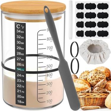 Imagem de 10 peças de pote para iniciantes de massa fermentada, recipiente inicial de vidro resistente ao calor de 890 ml com tampa de madeira, espátula de papel de medição de temperatura, frasco de fermentação