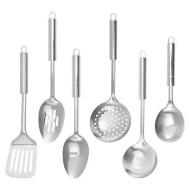 Imagem de Conjunto de 6 peças de utensílios de cozinha de aço inoxidável, ferramentas de cozinha resistentes ao calor com espátula com fenda, colher redonda grande, concha de sopa, espátula de arroz, utensílios