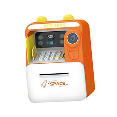 Imagem de harayaa Cofrinho eletrônico de brinquedo mini caixa eletrônico com simulação de reconhecimento facial de senha pessoal para crianças, meninos e meninas de 3 a, laranja