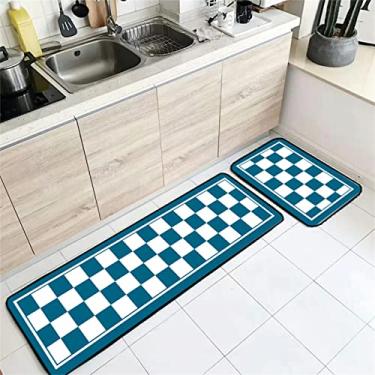 Imagem de Tapetes de corredor de cozinha 3D de plástico tapetes resistentes ao desgaste para piso interno conforto tapetes de armário de cozinha tapete impresso quadrados azuis e brancos 40 x 60 cm + 40 x 120 cm