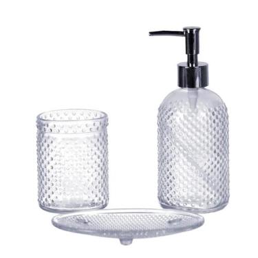 Imagem de Jogo Para Banheiro 3 Peças Vidro Transparente Decorado Kit Acessórios