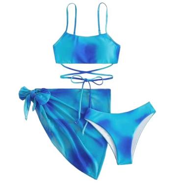 Imagem de Traje de banho feminino de 3 peças, conjunto de biquíni halo tingido, cintura alta, top de biquíni cruzado atrevido, saia de praia de corte alto, Azul, G