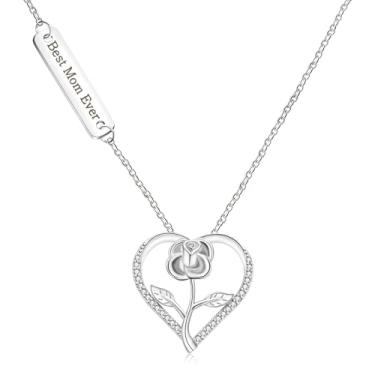 Imagem de Tobestu Colar com pingente de flor rosa em coração de zircônia cúbica elegante e bonita para o Dia das Mães, Gravado Always Mom Forever Friend/Best Mom Ever/Mom I Love You Always and Forever YA4692,