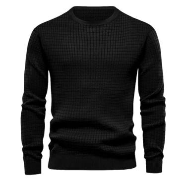 Imagem de Suéter masculino de gola redonda fina camada base pequena malha quadrada pulôver camada base cor sólida, Preto, XXG