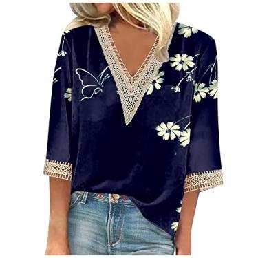 Imagem de Camisetas femininas de verão manga 3/4 com decote em V floral 2024, camisetas femininas casuais com acabamento em renda, blusas femininas elegantes e casuais, Azul-marinho 16, 3G