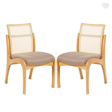 Imagem de Kit 2 Cadeiras de Madeira com Encosto em Rattan Lisboa Linho Marrom Claro L87 RMI