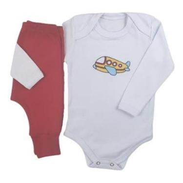 Imagem de Conjunto Body Manga Longa Bordado Avião e Calça Suedine Mijão Culote - Roupa Bebê Menino-Masculino