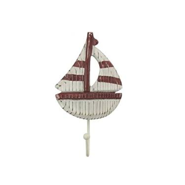 Imagem de Hampton Nautical Veleiro - 301 Gancho rústico vermelho e branco de madeira 17,78 cm - Decoração de parede náutica de barco a vela