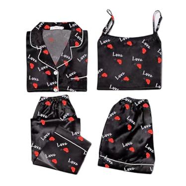 Imagem de Rooscier Conjunto de 4 peças de pijama feminino de cetim e seda, gola V, camisa com calça, roupa de dormir, Black Kiss, M