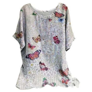 Imagem de Camisetas femininas de linho para verão, floral, estampadas, casuais, de manga curta, túnica estilo túnica solta básica para sair, B - vermelho, XG