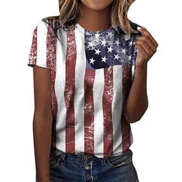 Imagem de Camiseta feminina com bandeira americana patriótica, manga curta, gola redonda, Memorial Day, 4 de julho, blusas soltas para sair, Azul, 3G