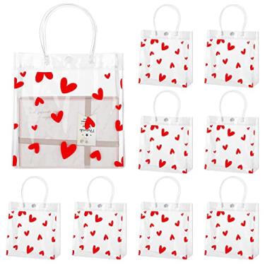 Imagem de 50 unidades de bolsa de presente transparente para o Dia dos Namorados com alça, sacolas de presente de PVC transparente com botão, sacolas de compras de plástico reutilizáveis para lembrancinha de festa de casamento dos namorados, 20 x 20 x 8 cm