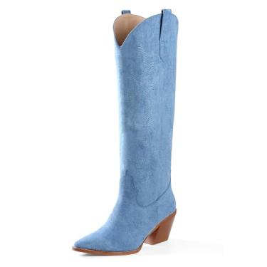 Imagem de iiimmu Botas femininas Cowgirl, cano alto, bico fino, salto bloco, camurça caubói e couro sintético com bordado, Azul, 35