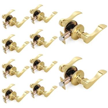 Imagem de LOQRON Maçaneta de porta estilo ondulado, puxador de porta de passagem, pacote com 10 maçanetas internas sem chave douradas reversíveis para canhoto/direito para corredor e armário com acabamento em