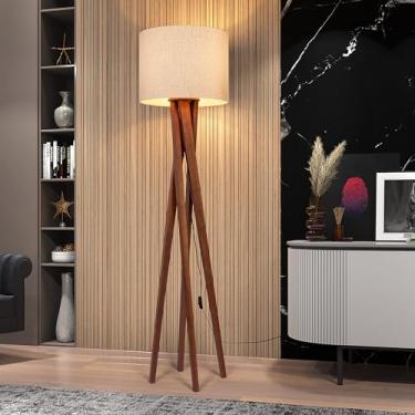 Imagem de Luminária de Piso Abajur de Luxo em Tecido Palha com Estrutura de Madeira e 4 Pés