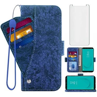 Imagem de Asuwish Capa carteira compatível com Samsung Galaxy J6 2018 e protetor de tela de vidro temperado, suporte de cartão, acessórios de couro, capa para celular Gaxaly On6 SM J600 J600G J600F azul
