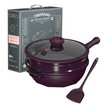 Imagem de Frigideira antiaderente TIBORANG 8 em 1, 28 cm, 4,7 litros, tampa de vidro, grade para cozinhar a vapor, pode ir na lava-louças e no forno, para todos os fogões verde, roxo-escuro (midnight purple)