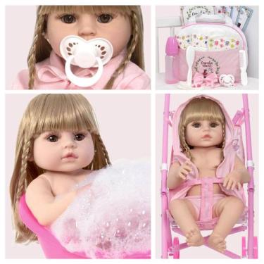 Imagem de Bebe Reborn Loira Realista Com Bolsa Itens Carrinho Dobrável - Cegonha