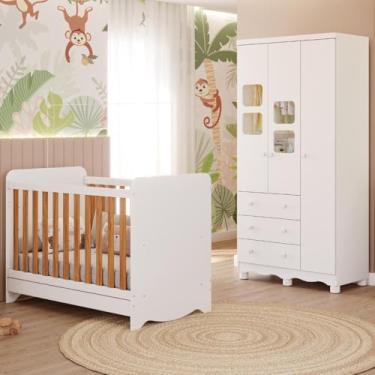 Imagem de Quarto de Bebê Completo Berço Americano Ben 3 Em 1 Minicama Minisofa Guarda Roupa Uli 3 Portas 3 Gavetas Móveis Peroba Branco/grade Amendoa
