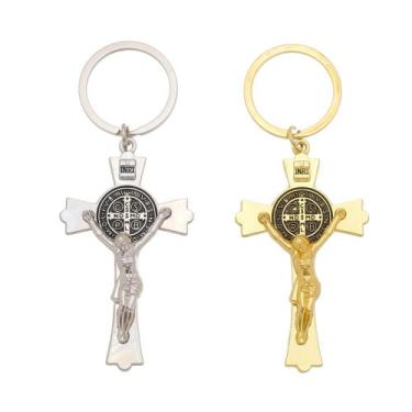 Imagem de Kit 10 Chaveiros Cruz de São Bento De Aluminio Para Lembrancinha - PL,