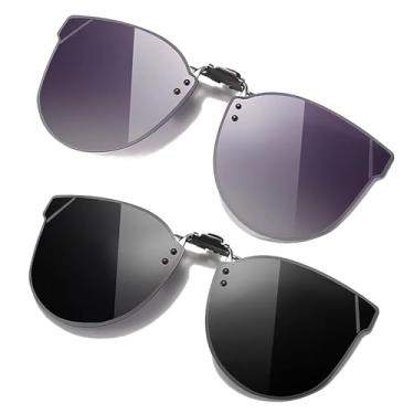 Imagem de JANZKA 2 pares de óculos de sol com clipe polarizado flip-up 180 olhos de gato para mulheres com 2 estojos, Roxo7, 132*55*53mm