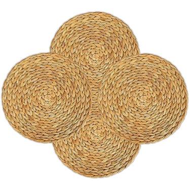 Imagem de Jogo de descanso de prato para mesa de jantar, tapete de mesa de água natural Hyacinth Weave redondo trançado Rattan almofadas de isolamento para cozinhar e assar (4, 11,8 polegadas)
