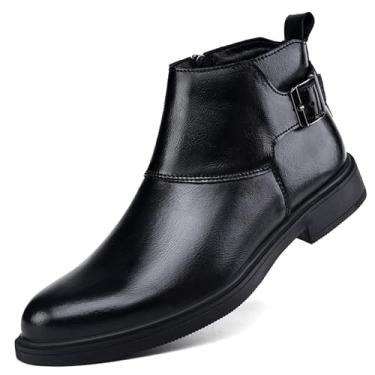 Imagem de Bota Chelsea masculina de couro genuíno com bico fino, fivela ajustável, zíper interno, botas de cano baixo, casual, formal, Preto, 45