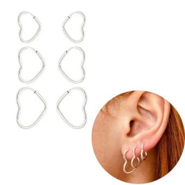 Imagem de Kit trio brincos coração fio p/m/g prata legitima 925 3 furos - Morgan