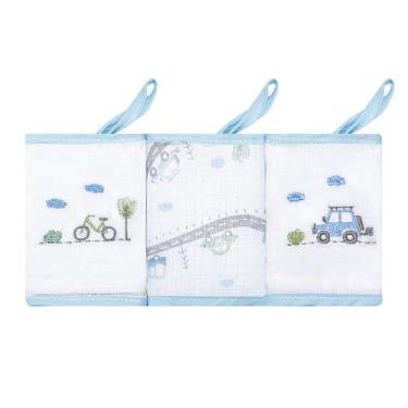 Imagem de Kit 3 Babetes Papi 32x32cm com Prendedor Pista de Carros, Azul Claro, 