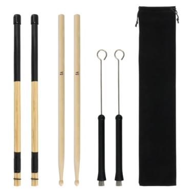 Imagem de Ogdni Conjunto de pincéis de bengala, 1 par de baquetas clássicas de madeira de bordo 5A, 1 par de escovas de arame retráteis e 1 par de varões, escovas de tambor com bolsa de armazenamento para