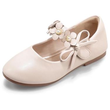 Imagem de Pandaninjia Vestido floral infantil para meninas Sapatilhas pérolas laço flor menina bailarina plana Mary Jane, Flora Beige Pu, 12 Little Kid