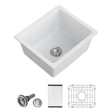 Imagem de Dcolora Pia de barra pequena de 45,7 cm, pia de cozinha, pia de cozinha composta de granito branco, 45,7 cm L × 40,6 cm P × 22,7 cm A, DC-GUW002