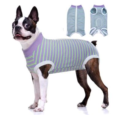 Imagem de BRKURLEG Traje de recuperação de cães após cirurgia para cães pequenos e médios, camisas cirúrgicas para cães machos, macacão listrado para cachorrinho para ferimentos abdominais anti-lamber, terno