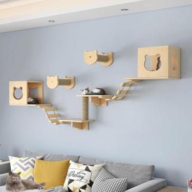 Imagem de Prateleiras de parede para gatos - Prateleiras para gatos, conjunto de móveis de parede para gatos com poleiros e degraus, espessura da placa de madeira de 1,5 cm para condomínios internos para gatos,