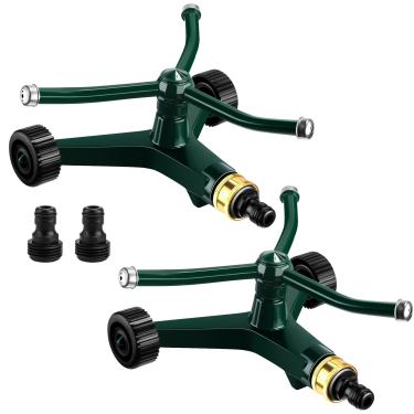 Imagem de Tiangrid Aspersor giratório de metal para gramado com 3 braços, resistente, 360 graus, rotativo, com base com rodas para quintal, quintal, cobertura de até 538 pés quadrados (verde, 2 peças)