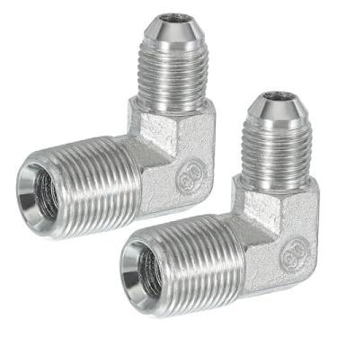 Imagem de PATIKIL Adaptador de tubo de 90 graus, 2 peças 1/5.1 cm macho 37° Flare JIC x 3/20.3 cm BSPT conector macho encaixe de cotovelo de aço carbono para ar fluido hidráulico combustível água óleo, prata