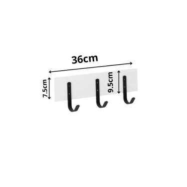 Imagem de Cabideiro de Madeira Simples Branco com 3 Ganchos Preto de Metal Peque