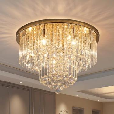 Imagem de Litaddscen Lustre De Cristal K9 Dourado, Luminária De Teto Embutida, Lustre De Cristal Redondo Moderno Em Formato De Gota De Chuva, Luminárias Para Hall De Entrada, Quarto, Sala De Estar, Sala De Ja