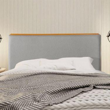 Imagem de Cabeceira Cama Box Casal 1,40m Estofada Detalhe Em Madeira Java Linho Cinza