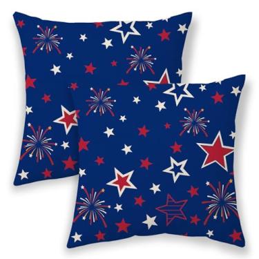 Imagem de Capas de almofada de 4 de julho 61 x 61 cm, almofadas decorativas patrióticas ao ar livre para sofá, capa de almofada decorativa de estrela branca vermelha 2 peças de fronha de linho com bandeira