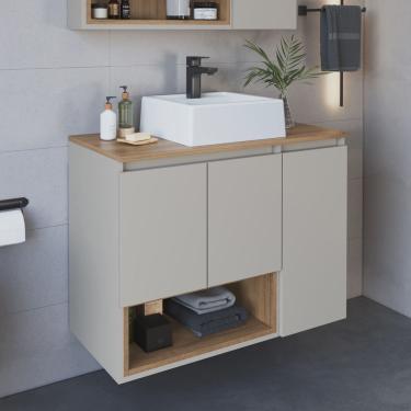 Imagem de Gabinete de Banheiro Suspenso 80cm Cecília com 3 Portas e 1 Nicho com Cuba