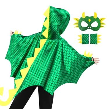 Imagem de iROLEWIN Black White Kids Dragon Costume Wings Mask for Boys Girls Dinosaur Dress Up Cape Birthday Party Favors (Green)