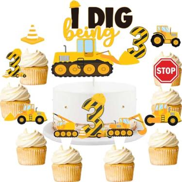 Imagem de 41 Pcs Construction 3rd Birthday Cupcake Topper Dump Truck Three Years Old Cake Topper Excavator Tractor Three Cake Food Picks Decorations for Construction Theme 3rd Birthday Party Cake Supplies