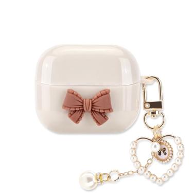 Imagem de CameCosy Capa para Samsung Galaxy Buds 3/Galaxy Buds 3 Pro com chaveiro de pérola fofa, design de gravata borboleta 3D, macia, à prova de choque, capa premium - bege